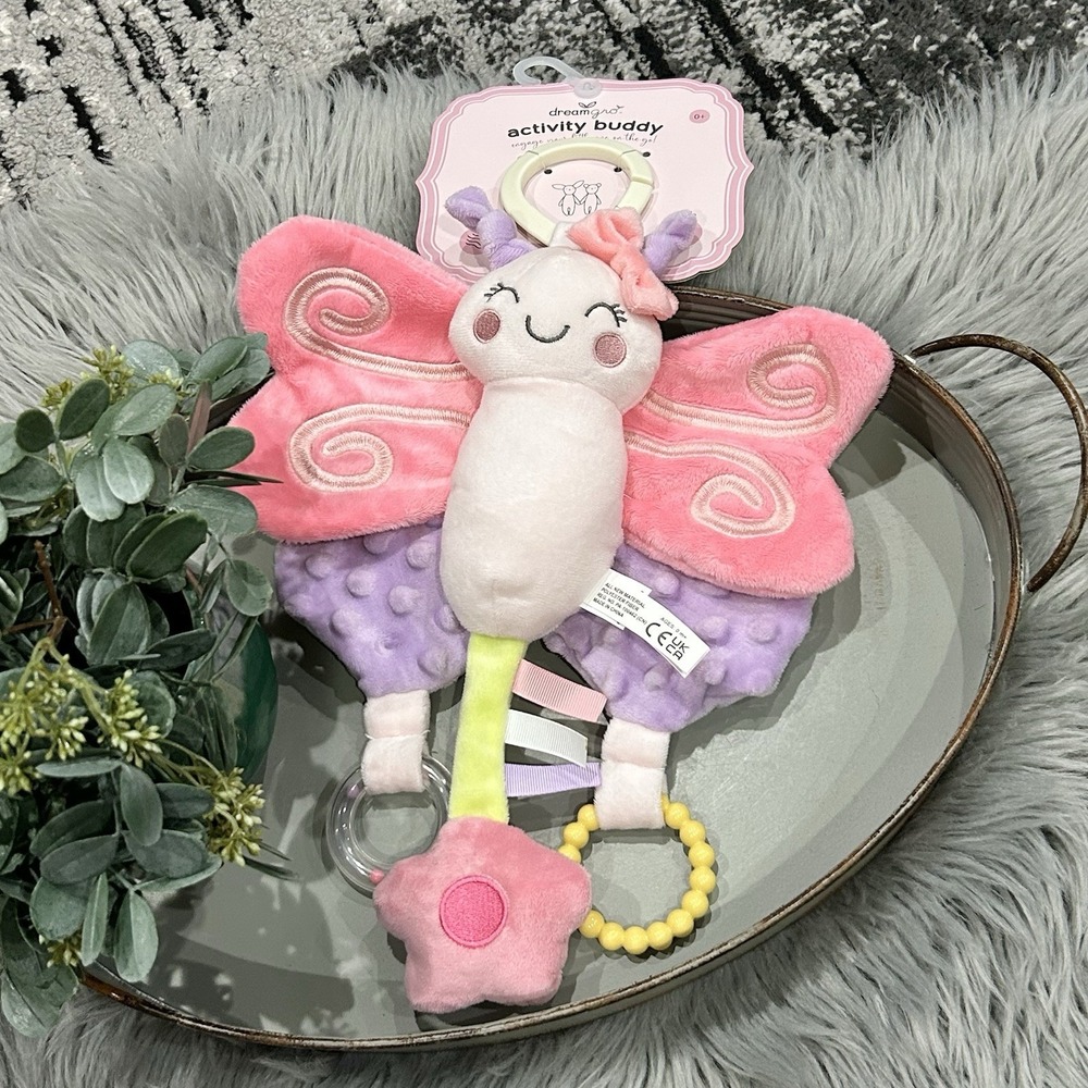 Dreamgro Pink Purple Butterfly Activity Stroller Toy Lovey Plush Rattle Crinkle